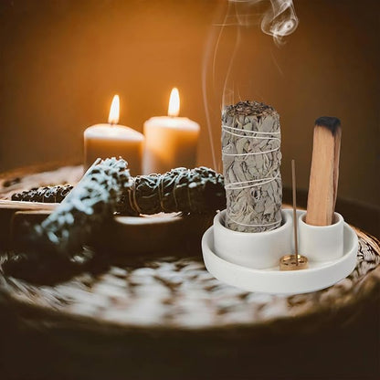 4 in 1 Incense Holder, Ceramic Incense Stick and Palo Santo Holder,Sage Holder for Burning- 4.25" Ceramic Ash Catcher Tray for Meditation and Yoga Room (White)