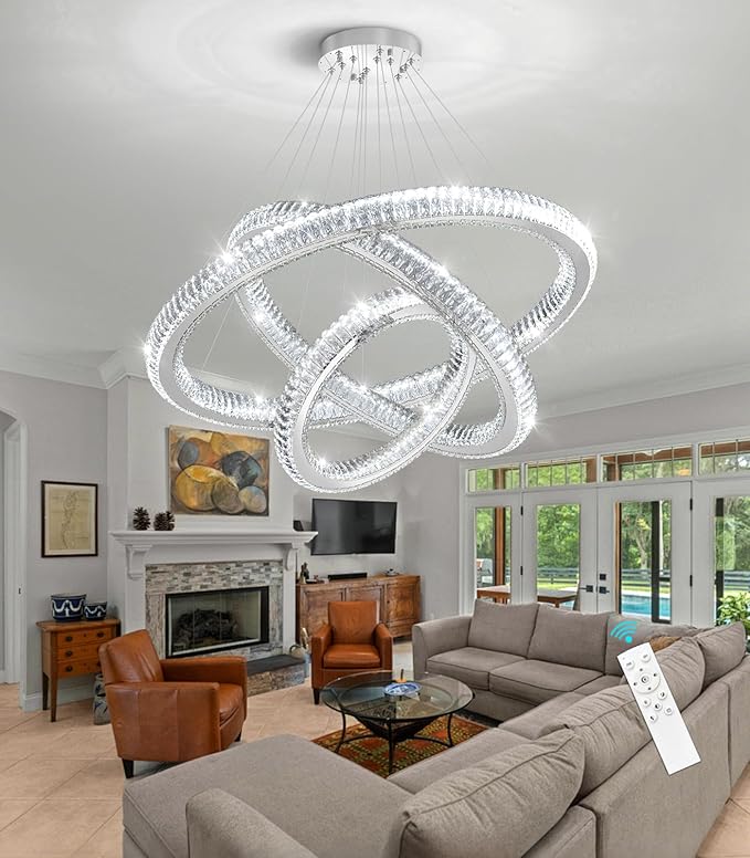 3 Rings Modern LED Chandelier Crystal Dimmable Large Foyer Chanderliers Entryway High Ceiling for Staircase Pendant Lights for Living Room Silver Light