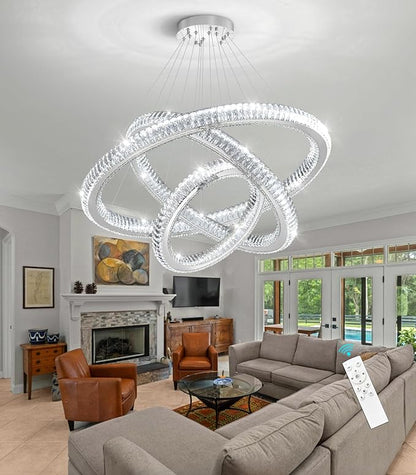 3 Rings Modern LED Chandelier Crystal Dimmable Large Foyer Chanderliers Entryway High Ceiling for Staircase Pendant Lights for Living Room Silver Light