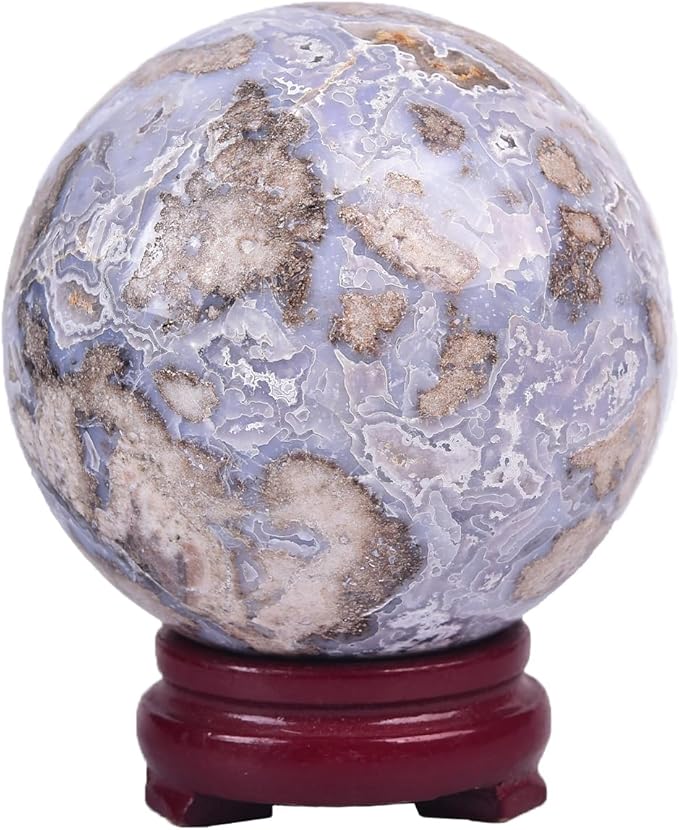JIC Gem Large Blue Cherry Blossom Agate Crystal Ball with Stand Crystal Sphere Natural Sakura Flower Agate Stone Reiki Healing Meditation Witchcraft Home Decor 3.1-3.5 inch(80-90mm)