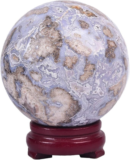 JIC Gem Large Blue Cherry Blossom Agate Crystal Ball with Stand Crystal Sphere Natural Sakura Flower Agate Stone Reiki Healing Meditation Witchcraft Home Decor 3.1-3.5 inch(80-90mm)