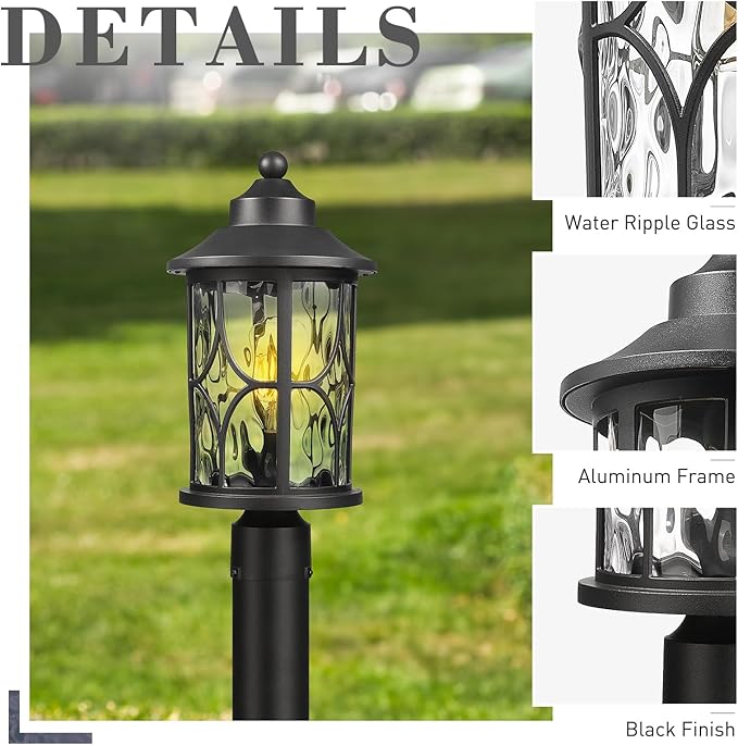 zeyu 17 Inch Black Outdoor Post Lights, Modern Exterior Pole Light, Lamp Posts Outdoor Lighting for Garden Patio, Die-Cast Aluminum with Clear Water Ripple Glass, ZX48MP-WG BK