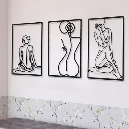 CHENGU 3 Pieces Metal Minimalist Abstract Woman Wall Art Line Drawing Wall Art Decor Single Line Female Home Hanging for Kitchen Bathroom Living Room