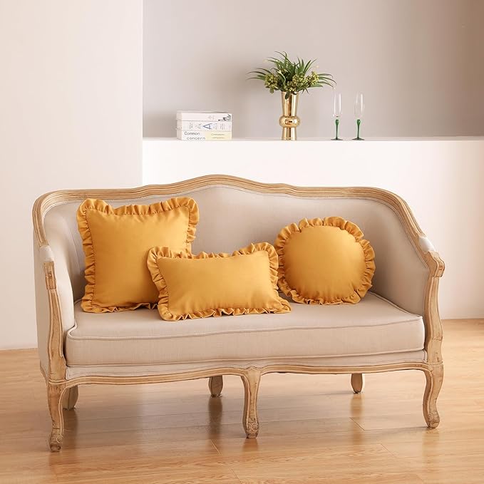 ISAENNE 2 Pieces Classic Yellow Round Throw Pillow Cover Diameter 16", Solid Color Farmhouse Linen Cotton Decor Pillow Cover with Ruffles, Sturdy Throw Pillow Case for Couch Sofa Bed Living Room