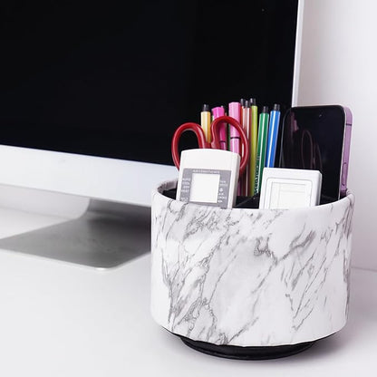 Round Leather Art Supply Organizer,Remote Control Holder,360-degree Rotating Pen Organizer with 4 Compartments(1-Marble White Silver)