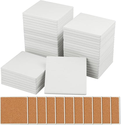 GNIEMCKIN 45 Pieces 4x4 Inch Blank Ceramic Coasters, Unglazed Ceramic Tiles Coasters, Ceramic Tiles with Cork Backing Pads for Painting, DIY Crafts, Mosaics, Square, White.