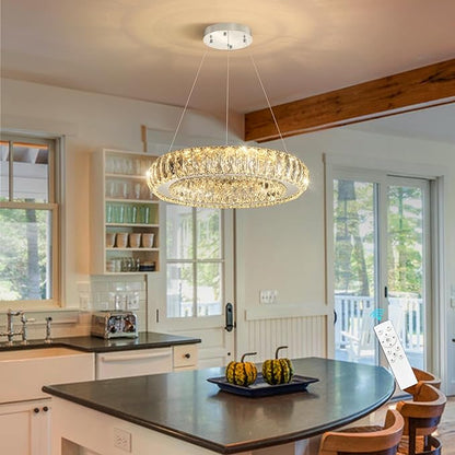 Modern Chandelier Crystal LED Dimmable Ring Pendant Lights Adjustable Hanging Lighting Chandeliers Fixtures for Dining Room Bedroom Kitchen Island Table Silver Light