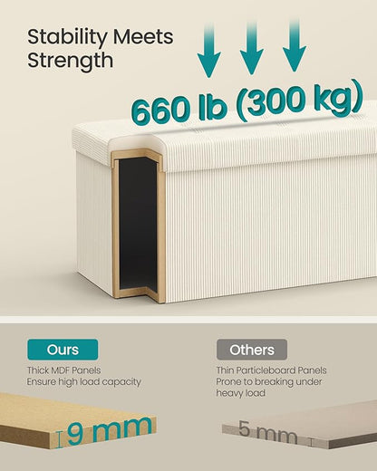 SONGMICS Mazie Collection - Storage Ottoman Bench, Foldable Foot Rest, 15 x 30 x 15 Inches, End of Bed Bench, Storage Chest, Load 660 lb, Living Room, Bedroom, Entryway, Cream White ULSF603W01