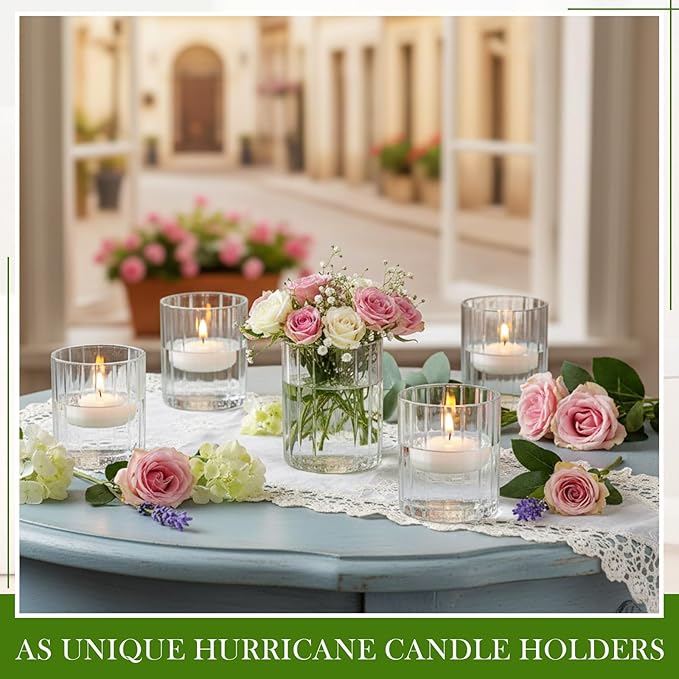 6 Pcs 4 Inch Tall Glass Ribbed Cylinder Vases Clear Floating Candle Flower Vase in Bulk, Hurricane Candle Holder for Wedding Housewarming Gift Table Centerpieces