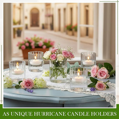 6 Pcs 4 Inch Tall Glass Ribbed Cylinder Vases Clear Floating Candle Flower Vase in Bulk, Hurricane Candle Holder for Wedding Housewarming Gift Table Centerpieces