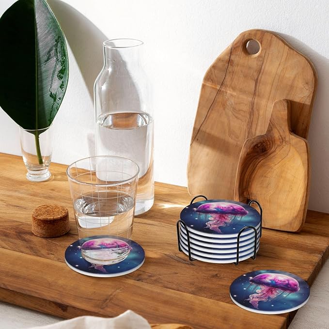 6 Pcs Ceramic Coasters with Holder Absorbent Drink Round Galaxy Gellyfish Design for Home Table Coffee Cup Wine Beer Bar,Size 4.4 inches