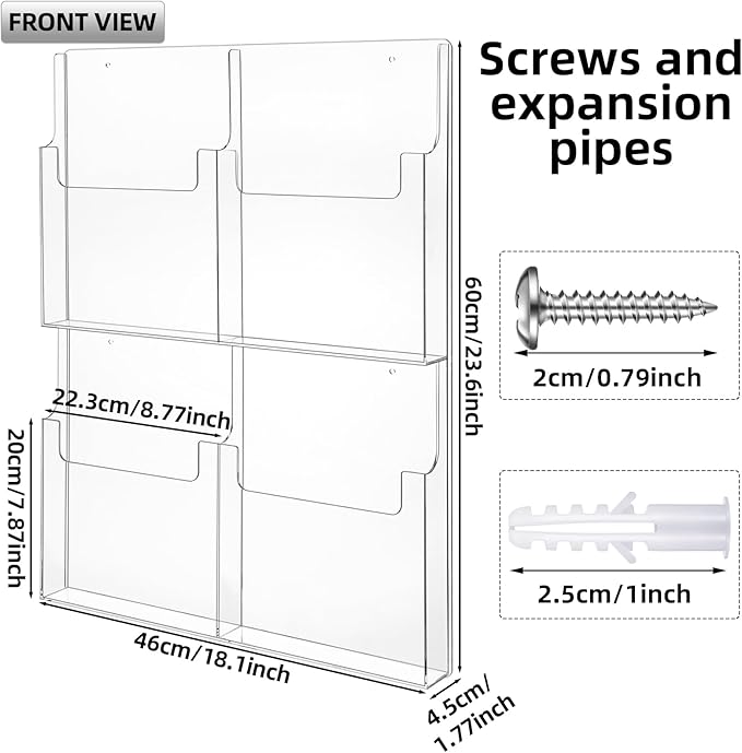 Barydat 4 Pocket Acrylic Brochure Holder Wall Mount Clear Pamphlet Holder Plastic Trifold Multi Slot Flyer Rack Magazine Display Stand Wall Hanging Organizer 11.8 x 8.78 Inch for Office Menu Advertise
