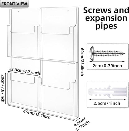 Barydat 4 Pocket Acrylic Brochure Holder Wall Mount Clear Pamphlet Holder Plastic Trifold Multi Slot Flyer Rack Magazine Display Stand Wall Hanging Organizer 11.8 x 8.78 Inch for Office Menu Advertise