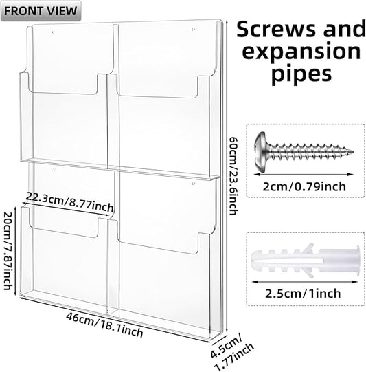 Barydat 4 Pocket Acrylic Brochure Holder Wall Mount Clear Pamphlet Holder Plastic Trifold Multi Slot Flyer Rack Magazine Display Stand Wall Hanging Organizer 11.8 x 8.78 Inch for Office Menu Advertise