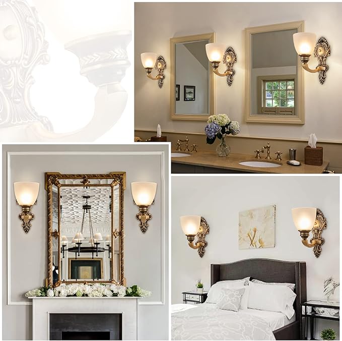 NOXARTE 2 Pack Vintage Wall Sconce Brass Wall Mounted Light Ceiling Fixture with Milk White Glass Shades for Living Room Bedroom Hallway