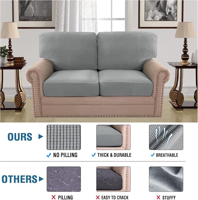 H.VERSAILTEX Multi-Pieces Loveseat Covers for 2 Cushion Couch High Stretch Couch Cushion Covers Jacquard Textured Twill Fabric(2 Seat Covers Plus 2 Back Cushion Covers, Dove)