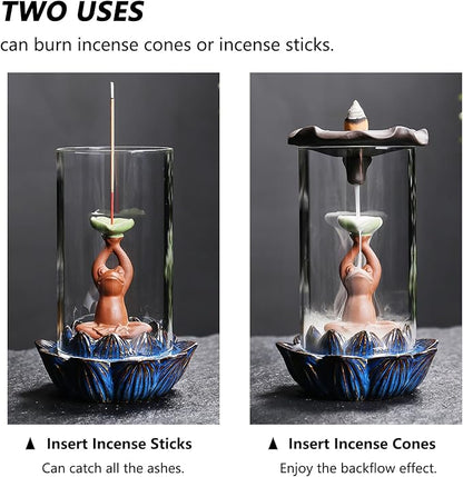 ChangWanna Frog Incense Burner Holder - Ceramic Lotus Incense Holder Ash Catcher, Glass Incense Holder for Sticks, Insence-stick Holder Ornament for Aromatherapy/Yoga/Meditation/Home Room Office Decor