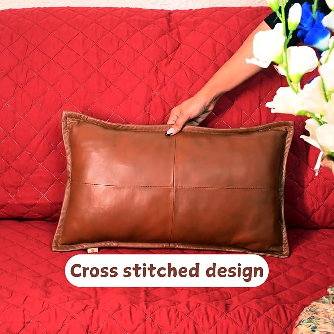 100% Lambskin Leather Pillow Cover - Sofa Cushion Case - Decorative Throw Covers for Living Room & Bedroom, 20x28 Inch - Mango Box Tan Antique Pack of 1
