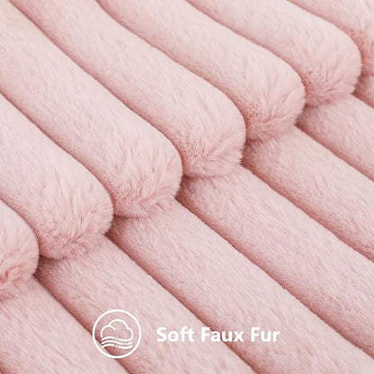 decorUhome Faux Fur Spring Throw Pillow Covers 12x20 Set of 2, Decorative Soft Plush Striped Lumbar Neutral Couch Pillow Covers with Velvet Back for Sofa, Bed, Living Room Home, Pink