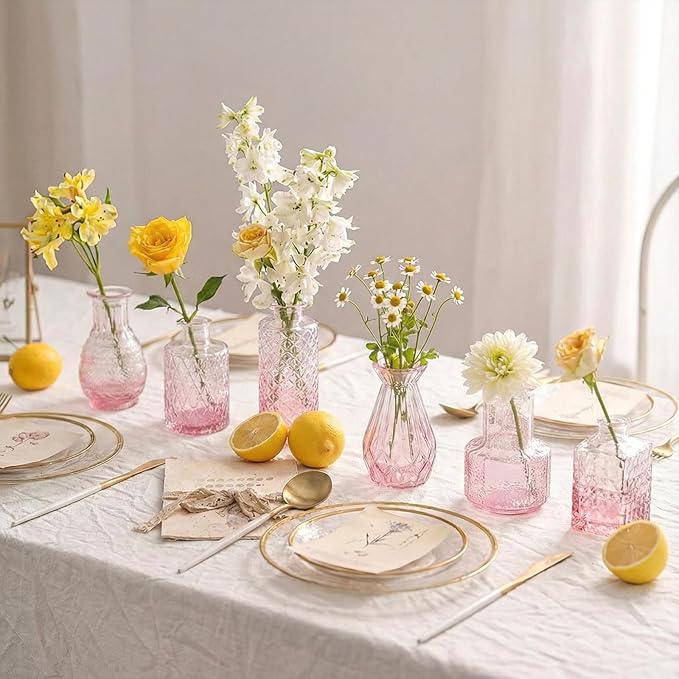 Pink Ombré Glass Bud Vase Set of 12, Vintage Embossed Mini Flower Vases for Centerpieces, Wedding, Bridal Shower, Baby Shower, Birthday Party, Decorative Small Glass Bottles for Home Decor