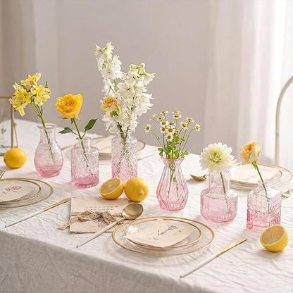 Pink Ombré Glass Bud Vase Set of 12, Vintage Embossed Mini Flower Vases for Centerpieces, Wedding, Bridal Shower, Baby Shower, Birthday Party, Decorative Small Glass Bottles for Home Decor
