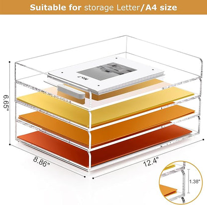 4 Tier Stackable Letter Tray, Acrylic Paper Organizer File Trays Paper Sorter, Clear Office Supplies Accessories for Letter/A4 Size Folders Documents 12.4inx8.86inx6.65in
