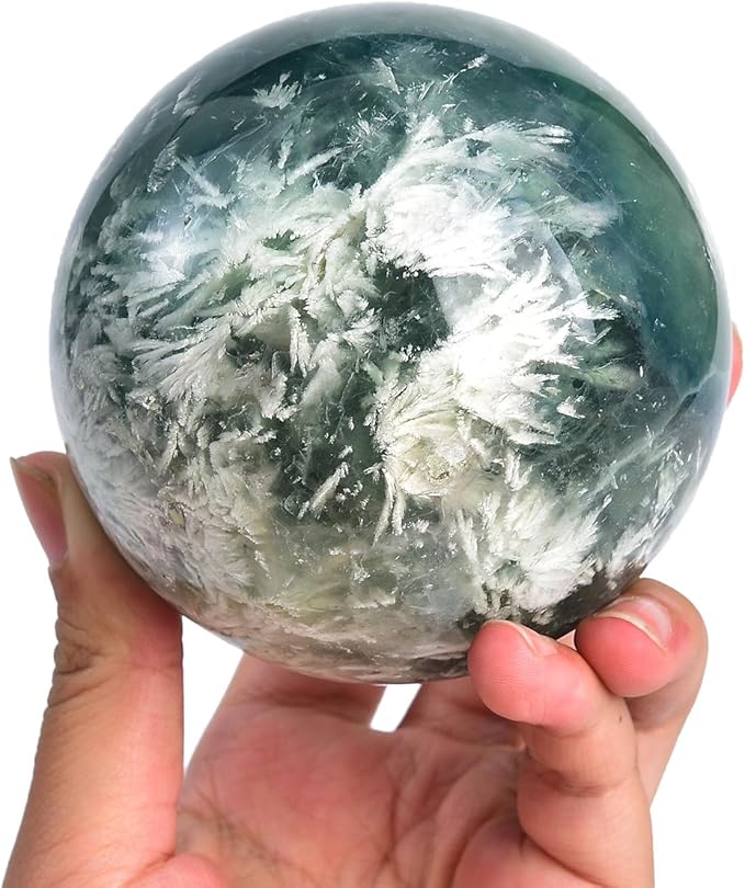JIC Gem 3.1-3.5 inch(80-90mm) Large Crystal Ball Feather Fluorite Healing Crystals Sphere with Wooden Stand Meditation Home Decor