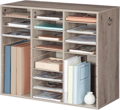 HOOBRO Literature Organizer, 27 Compartments Wooden Mail Organizer, Countertop Literature Sorter with Adjustable Shelves for Home, Office, School, Student Mailbox for Classroom, Greige BG27WF01