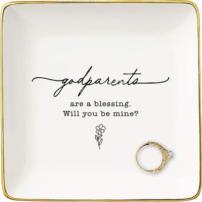 NZY Godmother Gift - Godparents Proposal & Christening Gift, Pregnancy Announcement - Jewelry Tray Trinket Holder Ring Dish