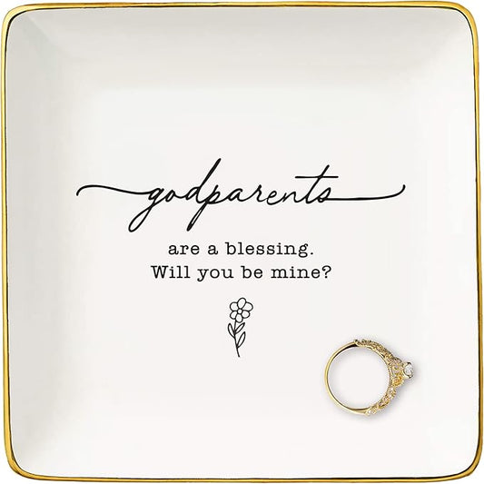 NZY Godmother Gift - Godparents Proposal & Christening Gift, Pregnancy Announcement - Jewelry Tray Trinket Holder Ring Dish