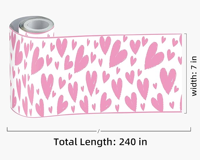 FLFK Pink Heart Wallpaper Border - Peel and Stick Wall Paper, Self Adhesive Removable PVC Borders Sticker, Modern Waterproof Trim for Home Decor, 7" x 240"