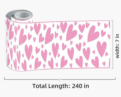 FLFK Pink Heart Wallpaper Border - Peel and Stick Wall Paper, Self Adhesive Removable PVC Borders Sticker, Modern Waterproof Trim for Home Decor, 7" x 240"