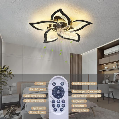 27" Black Geometric Ceiling Fan Lights with Remote, 6 Speeds Adjustable Low Profile Flush Mount Ceiling Fan with Light for Kitchen Bedroom
