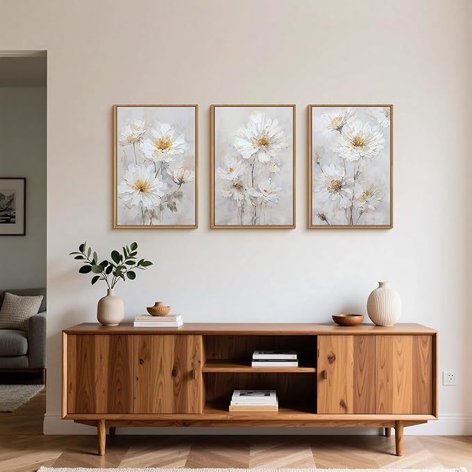 Aryroi Watercolor White Daisy Wildflower Framed Canvas Wall Art Set,Modern Natural Beige Floral Wall Decor,Minimalist Dreamy Flower Botanical Artwork For Living Room, Bedroom,Farmhouse-24 x36 x3