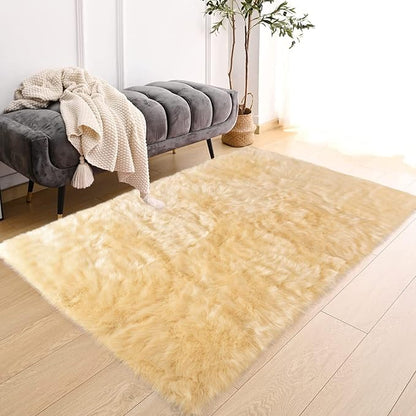 Latepis 3x4 Rugs Yellow Fur Rug Washable Faux Sheepskin Rug Shag Fluffy Rugs for Bedroom Cute Room Décor, Rectangle