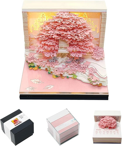3D Calendar 2026, Desk Calendar With LED Light, 3d Tree Memo Pad Creative Desk Calendar, Christmas Gift for Colleague Friend, Desktop Decoration