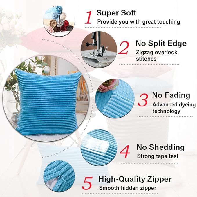 Home Brilliant Decorative Pillow Cover Light Blue Soft Velvet Corduroy Striped Set of 2 Square Throw Pillow Covers for Couch, 18 x 18 inch, Teal