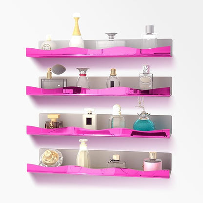 YMVV 15.7 in Large Pink Reflective Acrylic Mounted Floating Shelf, Perfume Organizer Shelf, Modern Bathroom Storage Toy Display Organizer Decor 4 Pack