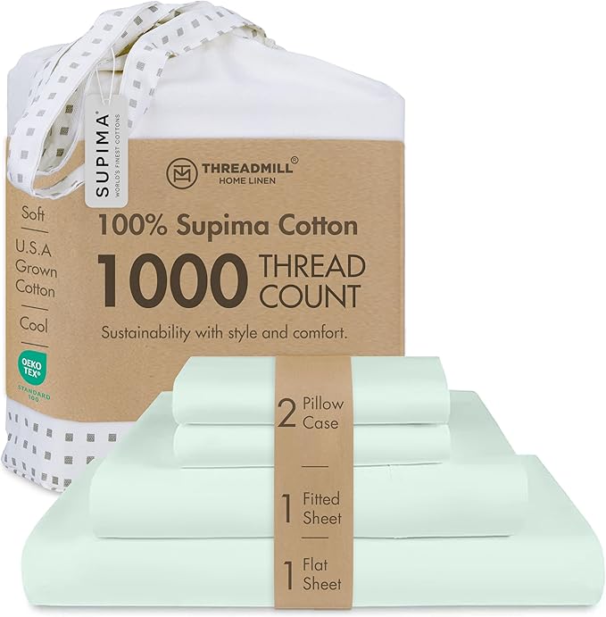 Threadmill Supima Cotton Queen Sheet Set, 1000 Thread Count Queen Sheets for Queen Mattresses, 4 Piece American Luxury Bed Sheets, Sateen Hotel Quality Sheets with Elasticized Deep Pocket, Seaglass