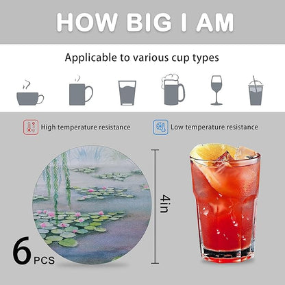 Drink Coasters for Drinks Set of 6,Claude Monet Water Lilies Absorbent Round Ceramic Stone Mat Coaster, with Cork Base and Metal Holder, Home Bar Decor House Warming Gift