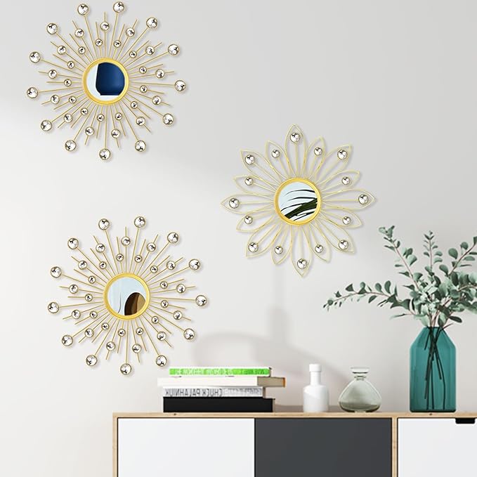 Uaussi 3 Pack Crystal Sunburst Wall Mirror Décor Rhinestone Mirrors Decorative Home Wall Art for Living Room Bedroom Entryway(Flower+Sunburst Gold)