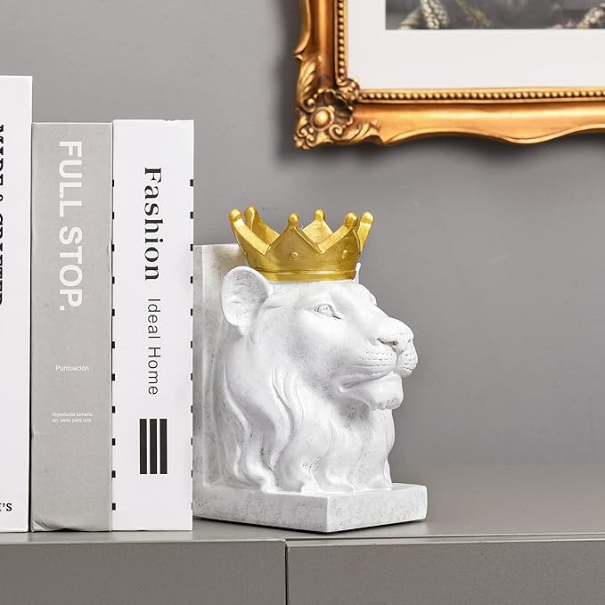 Decorative Lion Bookends - Modern Animal Book Stoppers for Heavy Books - White Lion Figurines