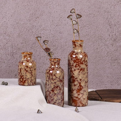 Ceramic Vase Set - 3 Crack Brown Small Vases, Farmhouse Country Flower Vase Home Decor, Living Room Decoration, Table Decoration, Fireplace Decor, and Entrance Decorations Centerpieces