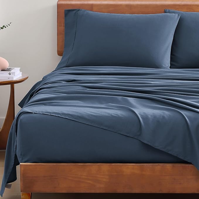 LANE LINEN Eco Friendly 100% Organic Cotton Fully Elasticized Full Sheet Set, Low Pilling Fade Resistant Machine Washable Naturally Cooling Full Bed Sheets, Soft & Comfy Cotton Bedding- Navy