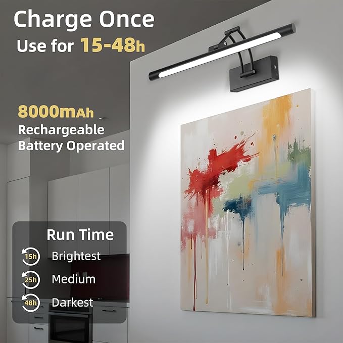 16“ Black Wireless Picture Lights for Wall, Battery Operated Picture Light with Remote Timer, Rechargeable Art Lighting for Paintings 3000K/4000K/6000K Dimmable Frame Photo Dartboard Gallery Light