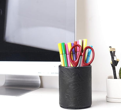 PU Leather Pen Holder Round Flash Makeup Brush Holder Desktop Pencil Storage Holder Gift for Desk Office Classroom Home(1-Carved Black)