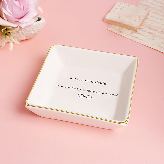 JoycuFF Friendship Gifts for Women Ceramic Trinket Tray Birthday Christmas Encouragement Decorative Decor Home Dish A True Friendship is A Journey Without An End Jewelry