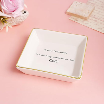 JoycuFF Friendship Gifts for Women Ceramic Trinket Tray Birthday Christmas Encouragement Decorative Decor Home Dish A True Friendship is A Journey Without An End Jewelry