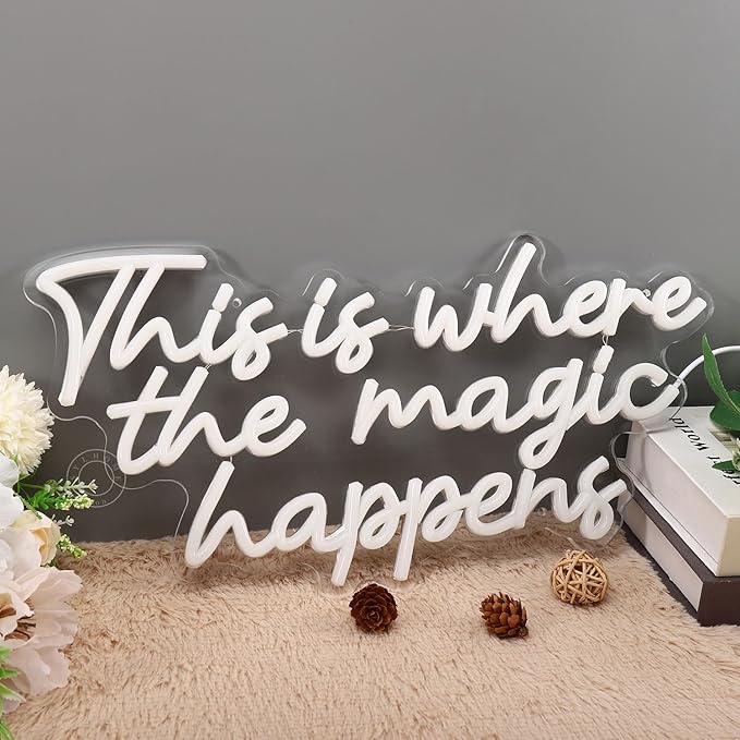 SYLHOME This Is Where The Magic Happens Led Neon Light Sign Bedroom Wedding Birthday Party Wall Decor Sign Bar Pub Kids Room Decoration USB 16.9" X 8.9" Warm White