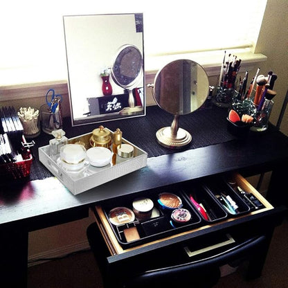 Vixdonos Decorative Mirror Tray,Silver Vanity Tray,Leather Catchall Organizer for Makeup,Perfume and Cosmetic on Dresser or Coffee Table(Small, Silver)
